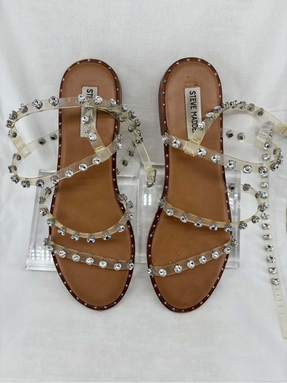 Steve Madden Clear Jeweled Strappy Sandals - Tan Insole Size 10 Like New